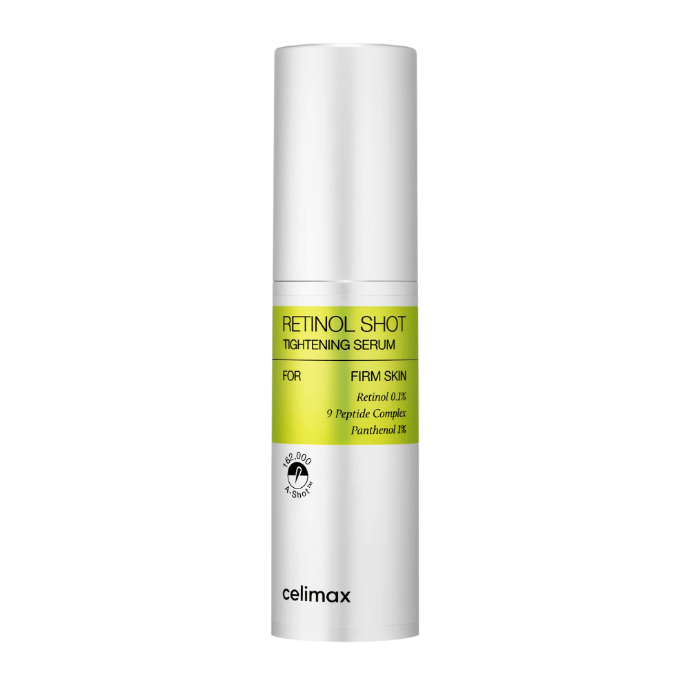 Celimax The Vita-A Retinol Shot Tightening Serum in zilverkleurige pompflacon met limoengroen etiket en zwarte tekst.