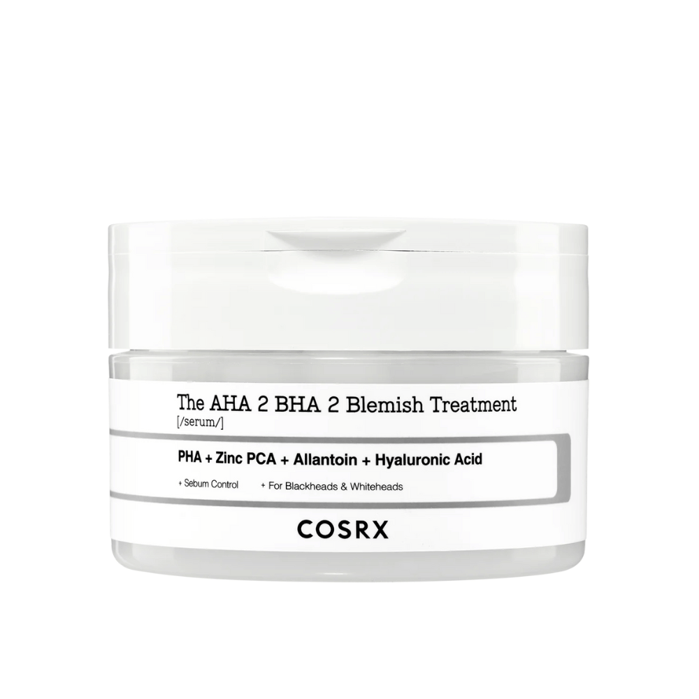COSRX AHA 2 BHA 2 Blemish Treatment, een serum met PHA, zink PCA, allantoïne en hyaluronzuur. Ontworpen om talgproductie te controleren en mee-eters en witte mee-eters te bestrijden. Perfect om de helderheid van de huid te verbeteren.