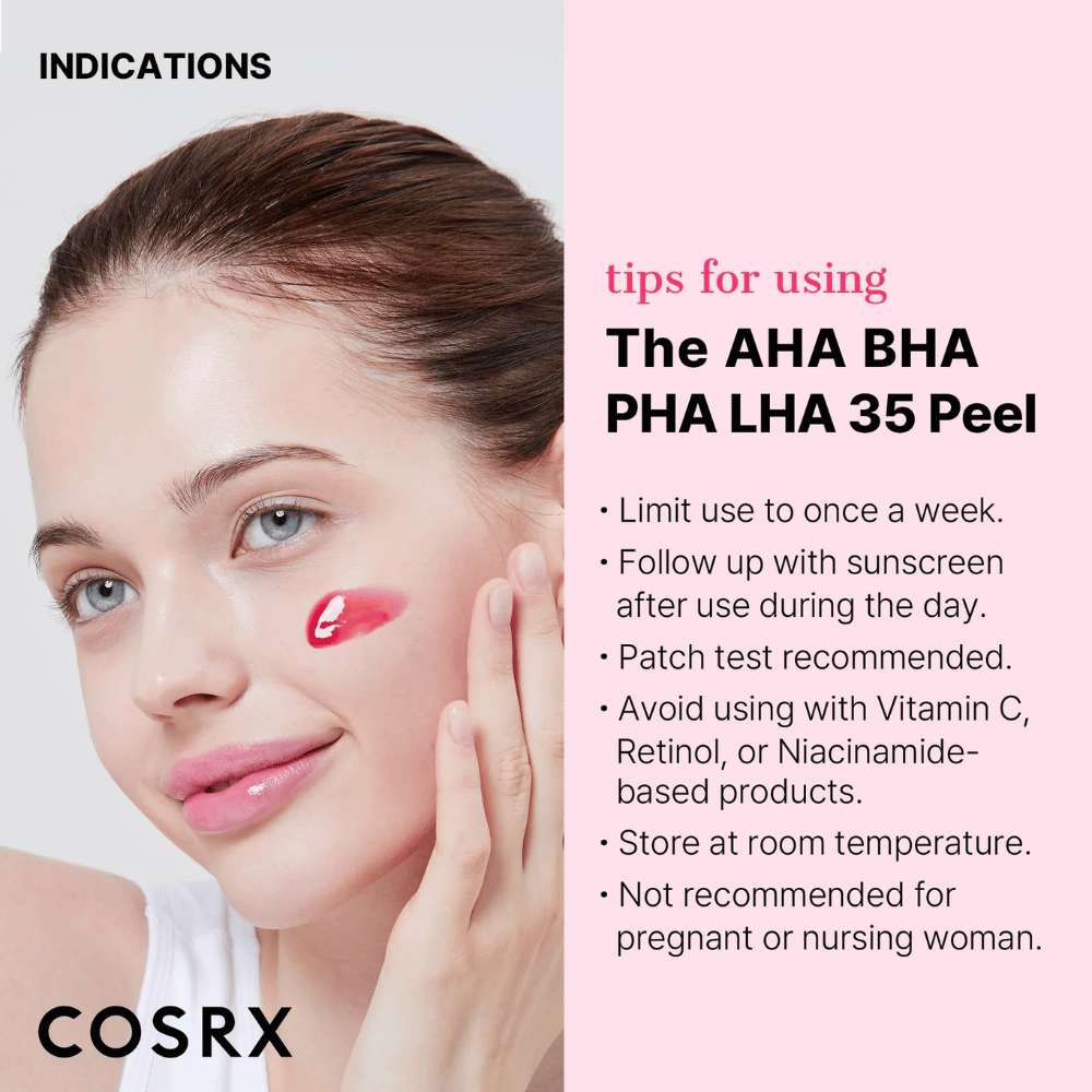 Instructies voor het gebruik van COSRX AHA BHA PHA LHA 35 Peel:

Gebruik maximaal één keer per week.
Volg overdag op met zonnebescherming.
Aanbevolen om eerst op een klein gebied te testen.
Vermijd combinatie met producten die vitamine C, retinol of niacinamide bevatten.
Bewaren bij kamertemperatuur.
Niet aanbevolen voor zwangere of zogende vrouwen.