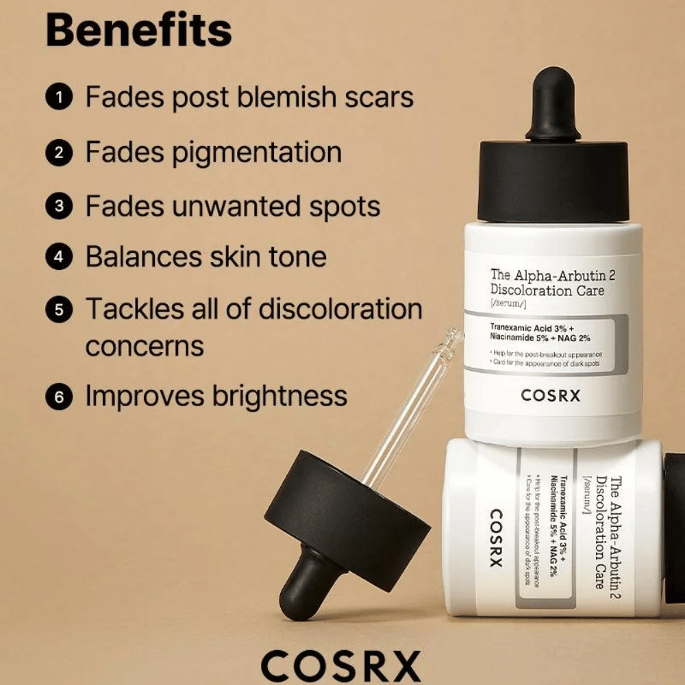 COSRX The Alpha-Arbutin 2 Discoloration Care Serum helpt bij het verminderen van acne-littekens, het vervagen van pigmentvlekken, het egaliseren van de huidtint en het verbeteren van de glans van de huid. Bevat tranexaminezuur, niacinamide en NAG voor een helderdere huid.