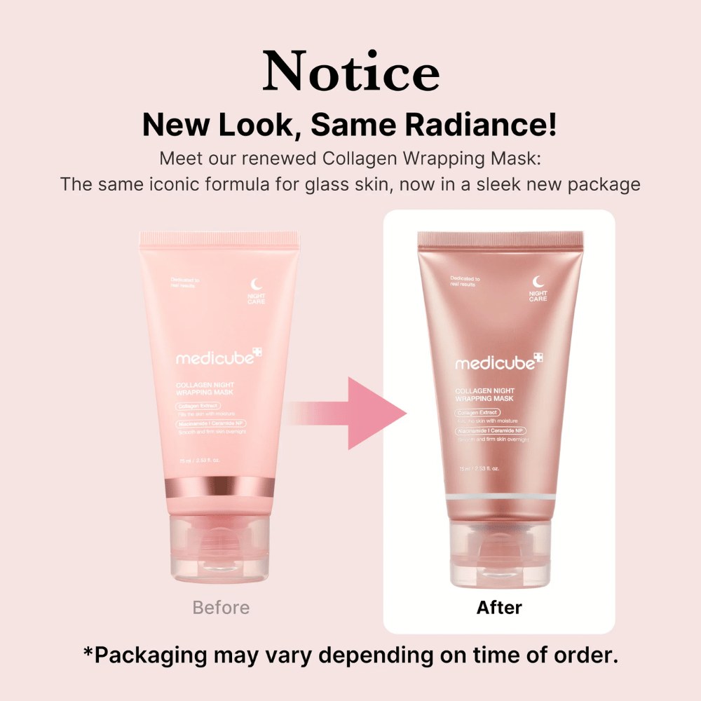 Nieuwe look, hetzelfde stralende resultaat! Medicube Collagen Wrapping Mask heeft nu een vernieuwde, stijlvolle verpakking maar behoudt zijn iconische formule voor een glanzende huid. *De verpakking kan variëren afhankelijk van het bestelmoment.