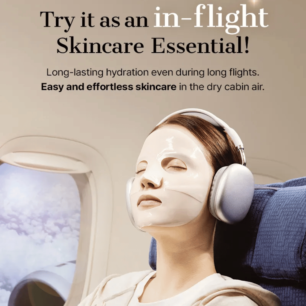 COSRX Alpha-Arbutin Discoloration Care Hydrogel Mask tijdens een vliegreis – hydraterende Sheet mask die droge huid tegengaat en een egalere huidteint biedt, zelfs in droge cabine-lucht.