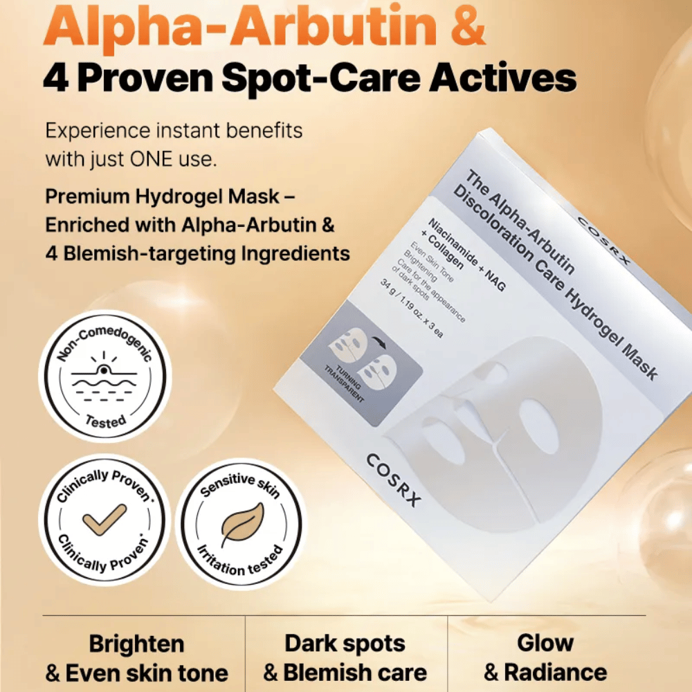 COSRX Alpha-Arbutin Discoloration Care Hydrogel Mask productafbeelding – Koreaanse Sheet mask voor pigmentatie, glans en intense hydratatie.