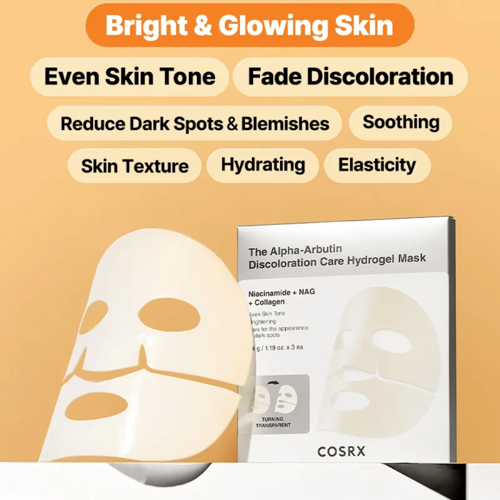 COSRX Alpha-Arbutin Hydrogel Mask – Sheet mask die glans geeft, een egalere huidteint, donkere vlekken vermindert en de elasticiteit van de huid verbetert.