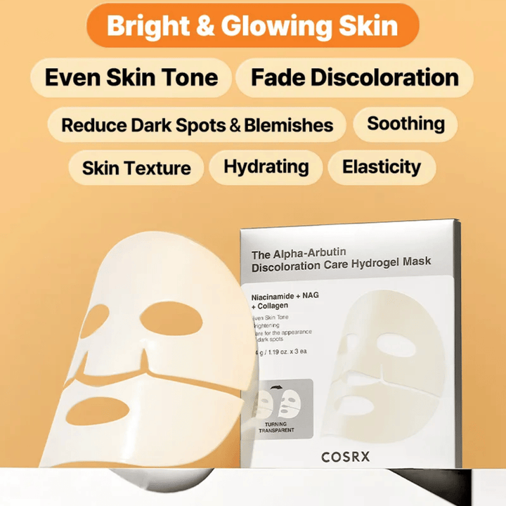 COSRX Alpha-Arbutin Hydrogel Mask – Sheet mask die glans geeft, een egalere huidteint, donkere vlekken vermindert en de elasticiteit van de huid verbetert.