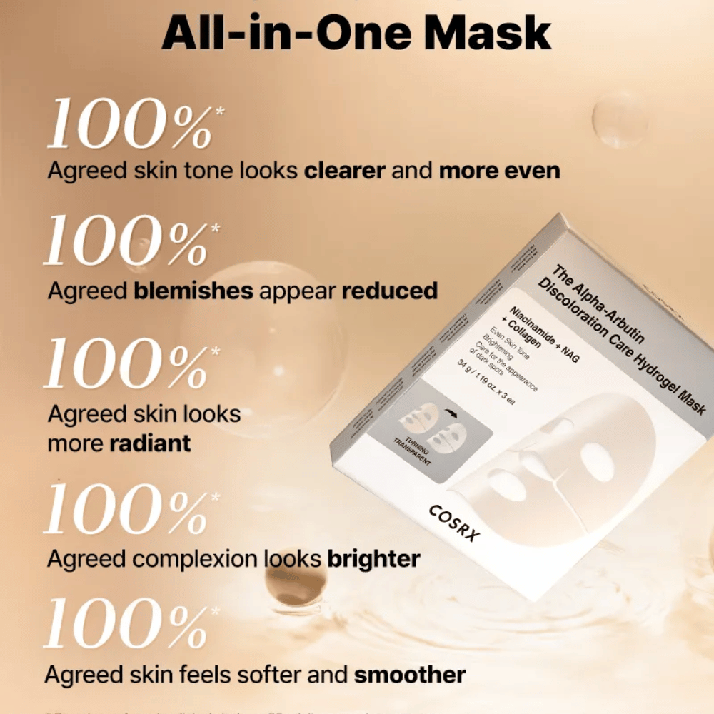 COSRX Alpha-Arbutin Discoloration Care Hydrogel Mask met verpakking – alles-in-één Sheet mask voor glans, een egale huidteint en verminderde verkleuring.