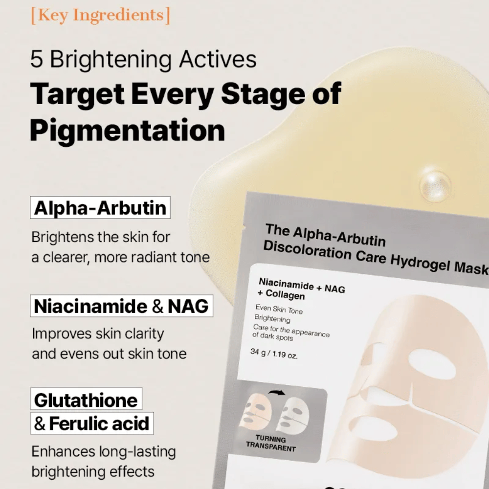 COSRX Alpha-Arbutin Discoloration Care Hydrogel Mask met alpha-arbutin en niacinamide – Sheet mask die helpt om pigmentvlekken te verminderen en de huidteint te egaliseren.