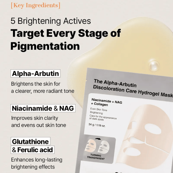 COSRX Alpha-Arbutin Discoloration Care Hydrogel Mask met alpha-arbutin en niacinamide – Sheet mask die helpt om pigmentvlekken te verminderen en de huidteint te egaliseren.