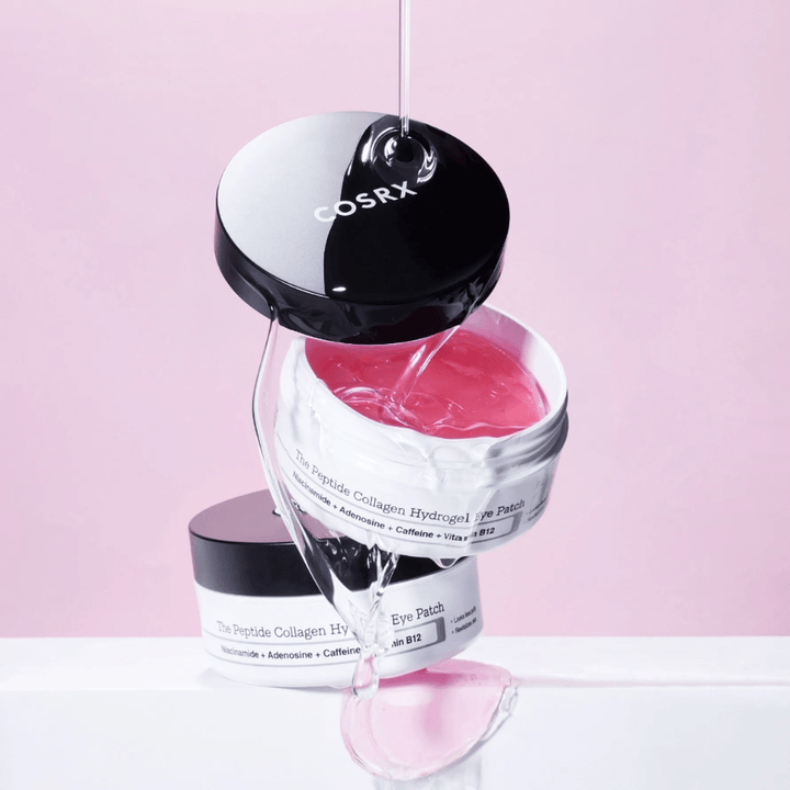 COSRX Peptide Collagen Hydrogel Eye Patch – roze gel formule rijk aan niacinamide, adenosine, cafeïne en vitamine B12.