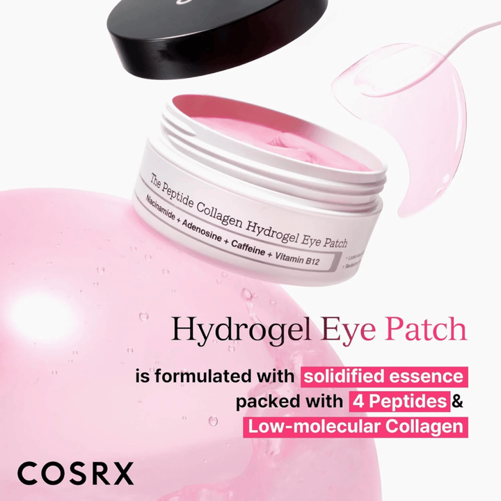 COSRX Hydrogel Eye Patch met 4 peptiden en laag-moleculair collageen voor gehydrateerde en stevige huid rond de ogen.