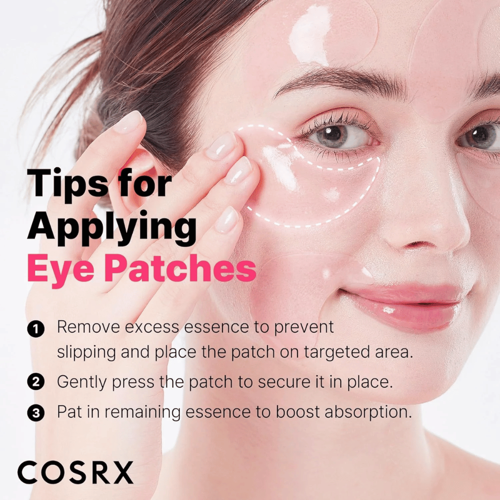 Tips voor het aanbrengen van COSRX Peptide Collagen Eye Patch - druk vast, verwijder overtollige essence en klop de restjes in.
