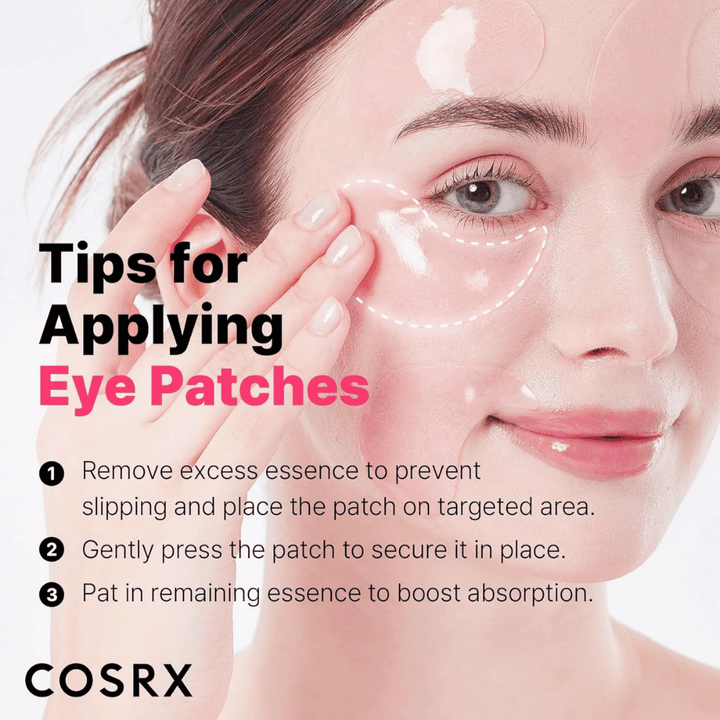 Tips voor het aanbrengen van COSRX Peptide Collagen Eye Patch - druk vast, verwijder overtollige essence en klop de restjes in.