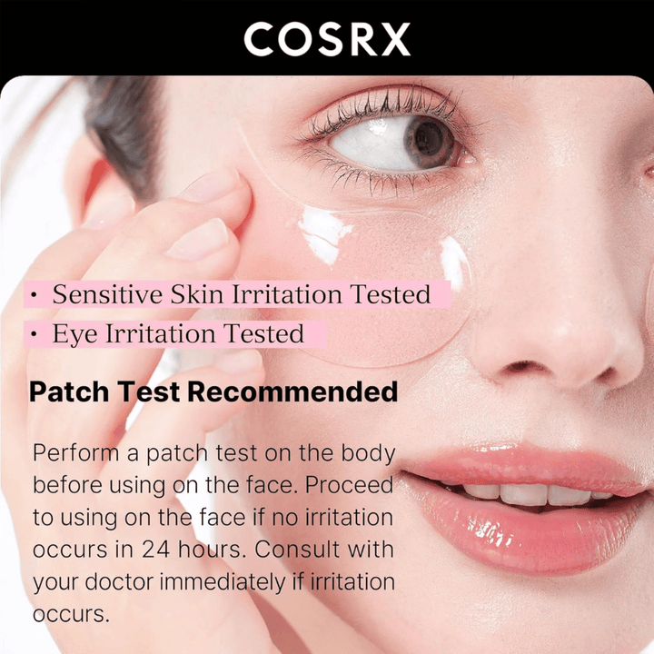 COSRX Peptide Collagen Hydrogel Eye Patch – getest voor gevoelige huid en oogirritatie, veilig voor dagelijks gebruik.