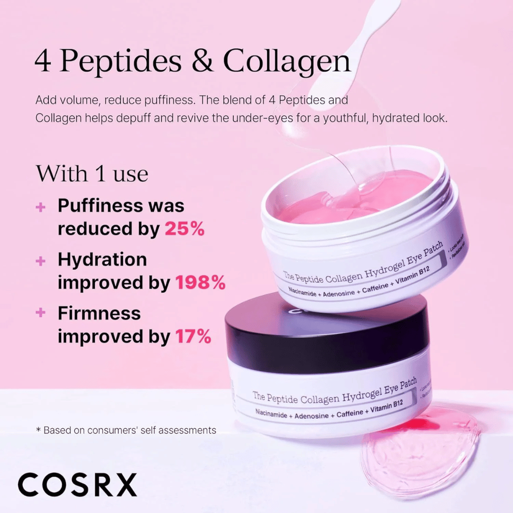 COSRX Peptide Collagen Eye Patch met 4 peptiden en collageen die zwelling vermindert, hydratatie met 198% verhoogt en stevigheid verbetert.