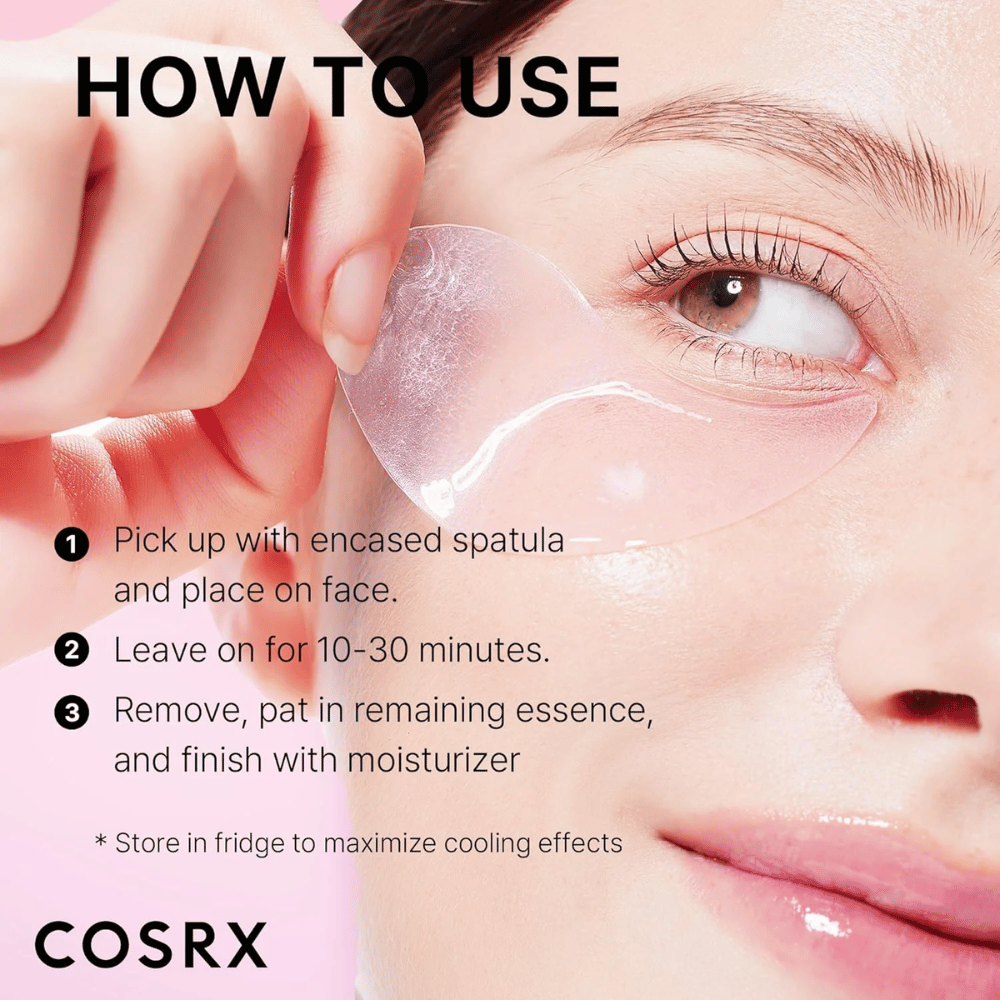 COSRX Peptide Collagen Hydrogel Eye Patch – aanbrengen met spatel, 10–30 minuten laten inwerken en afsluiten met vochtinbrengende crème.