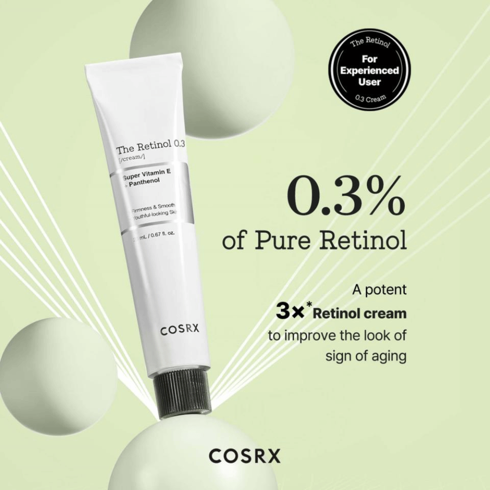 COSRX The Retinol 0.3 Cream bevat 0,3% pure retinol om de stevigheid van de huid effectief te verbeteren en fijne lijntjes glad te strijken. Verrijkt met super vitamine E en panthenol, biedt het vocht en voeding aan de huid. Ideaal voor ervaren gebruikers, is dit een krachtige crème die tekenen van veroudering bestrijdt en een jeugdige glans geeft.