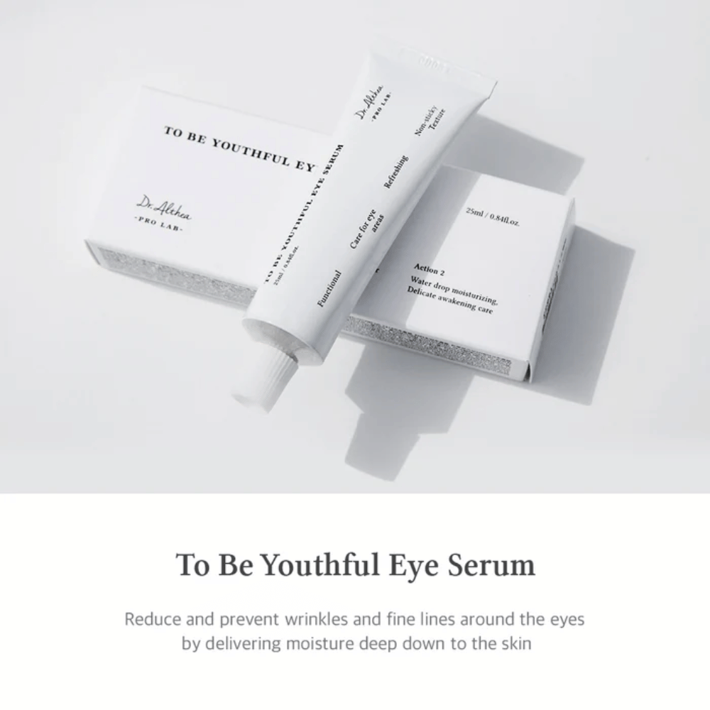 Afbeelding van Dr. Althea's "To Be Youthful Eye Serum" met een witte tube en verpakking. Het product moet rimpels en fijne lijntjes rond de ogen verminderen en voorkomen door vocht diep in de huid te leveren. De tekst beschrijft de eigenschappen en voordelen van het product, inclusief hydraterende en verfrissende eigenschappen.