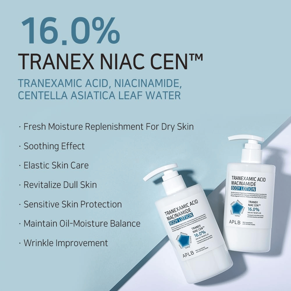 Voordelenafbeelding die het 16% Tranex Niac Cen™-complex van het product en de eigenschappen ervan presenteert, zoals hydratatie, kalmerend effect, verbeterde huidelasticiteit, glow en een gebalanceerd olie- en vochtniveau.