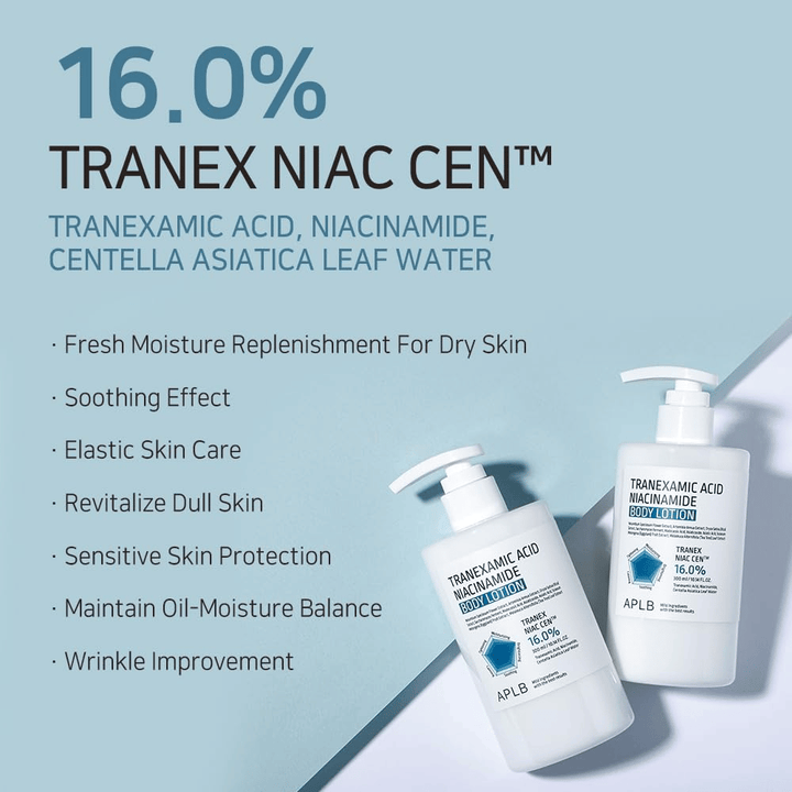Voordelenafbeelding die het 16% Tranex Niac Cen™-complex van het product en de eigenschappen ervan presenteert, zoals hydratatie, kalmerend effect, verbeterde huidelasticiteit, glow en een gebalanceerd olie- en vochtniveau.