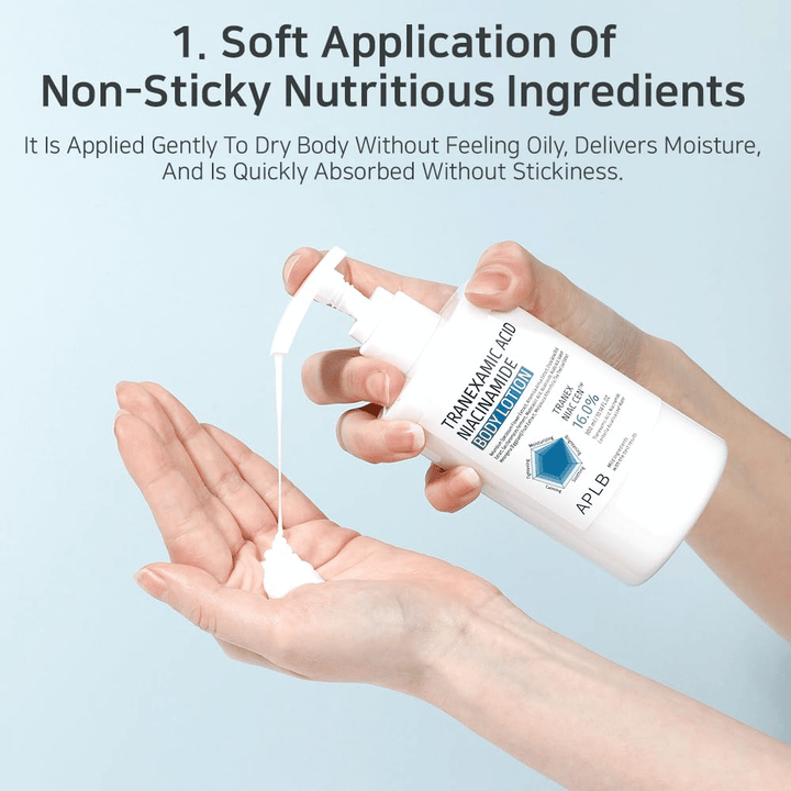 Gebruikssituatieafbeelding waarop de lotion in de hand wordt gepompt om de lichte, verzachtende en snel absorberende textuur zonder plakkerig gevoel te tonen.