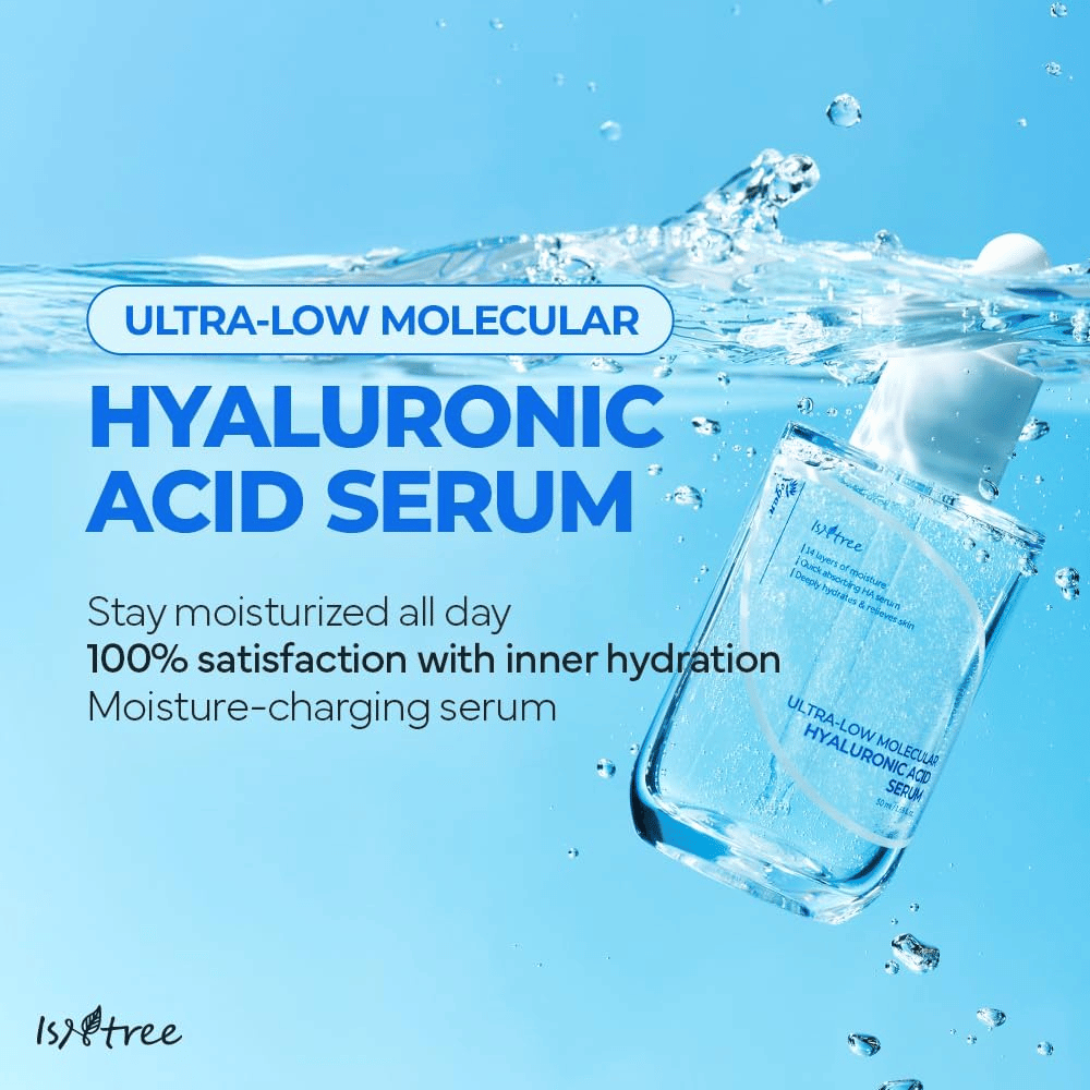 Isntree Ultra-Low Molecular Hyaluronic Acid Serum in wateromgeving, hydraterend hyaluronzuurserum dat de huid opvult, de glans verhoogt en langdurige vochtbalans biedt.