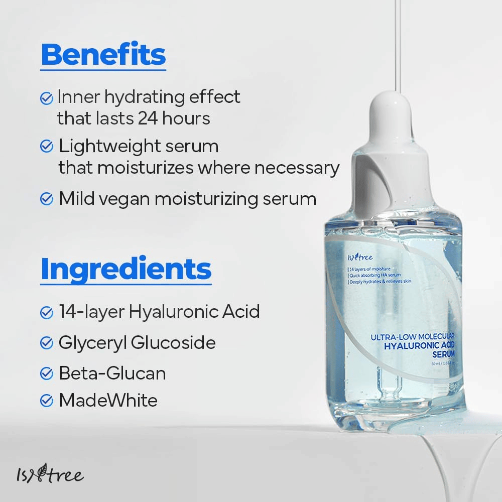 Isntree Ultra-Low Molecular Hyaluronic Acid Serum met lichte, veganistische formule die tot 24 uur hydrateert en geschikt is voor droge, gevoelige en vochtarme huid.