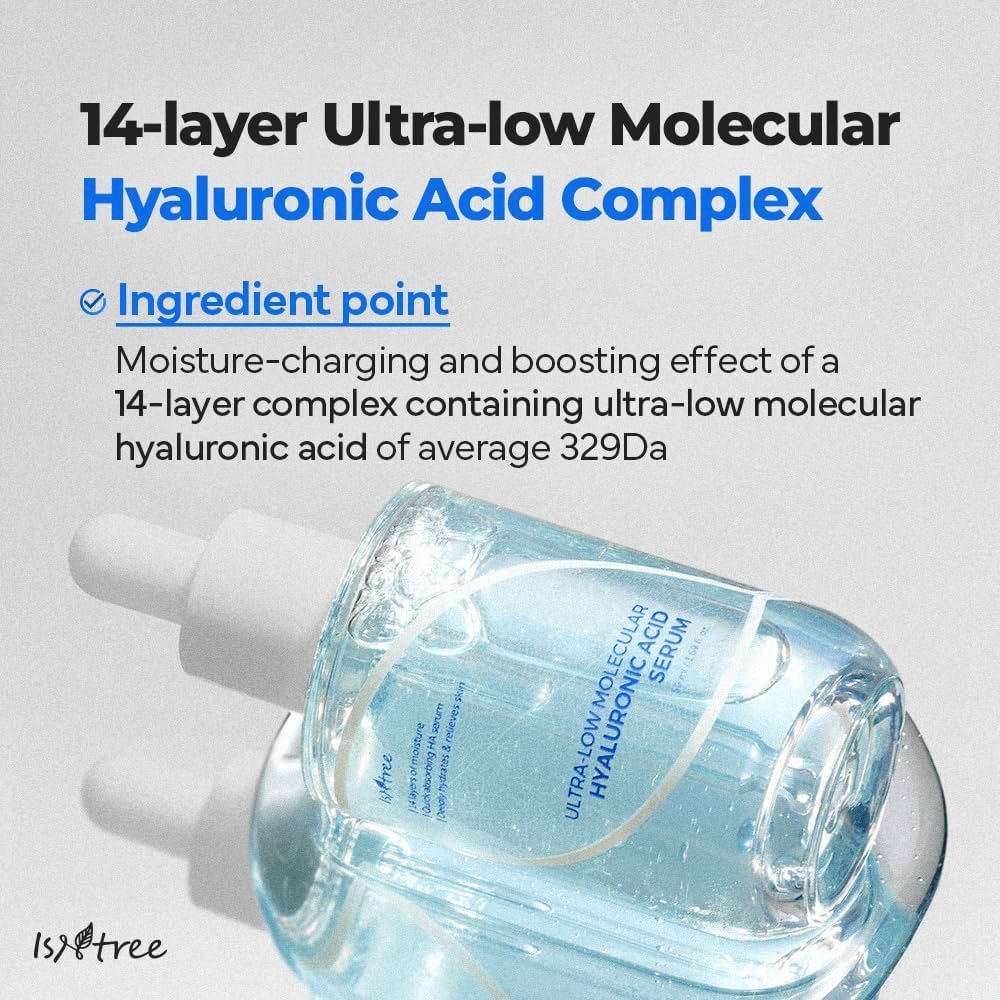Isntree Ultra-Low Molecular Hyaluronic Acid Serum met ultra-laag moleculair hyaluronzuur, vochtverhogend gezichtserum dat intensieve hydratatie in de diepte biedt.