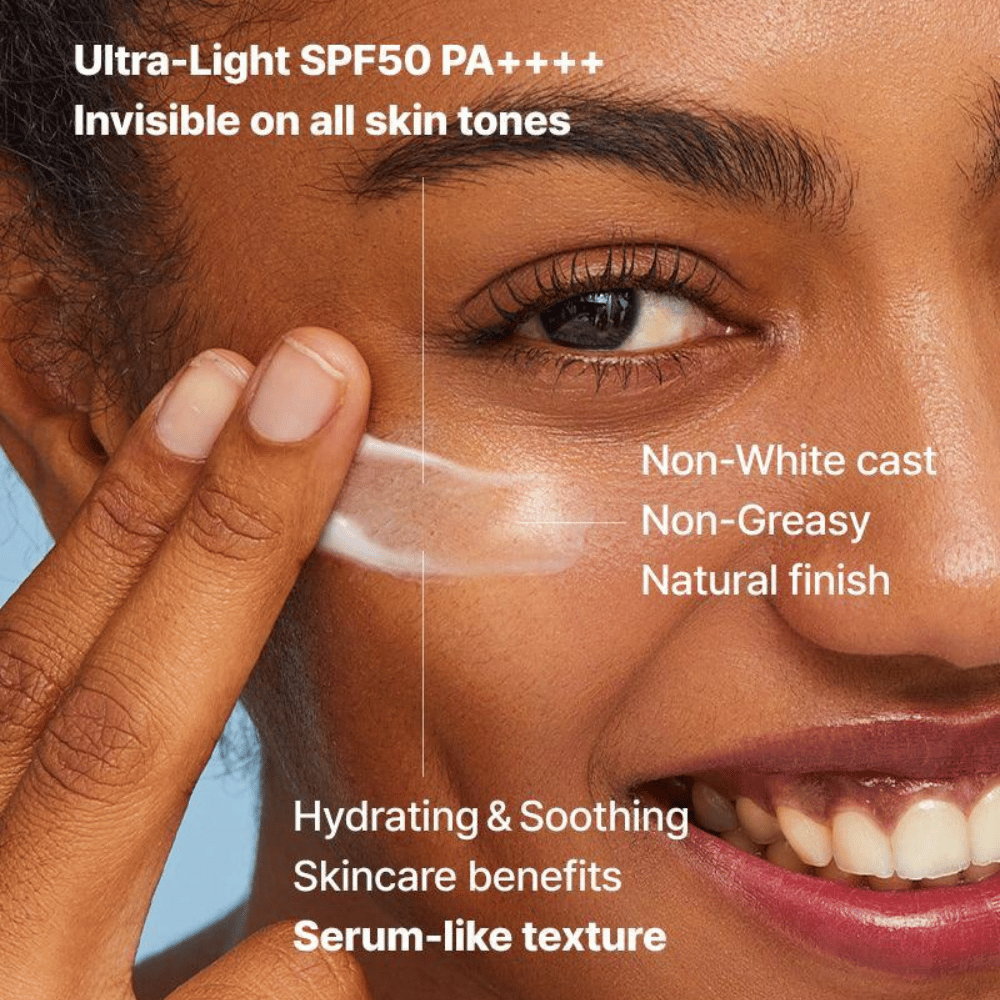 Close-up van een vrouw die een transparante zonnecrème met haar vingers aanbrengt; tekst benadrukt SPF50 PA++++, geen witte waas, natuurlijke finish en serumachtige hydraterende textuur.