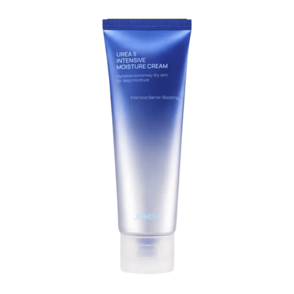Vrijstaande productafbeelding van Jumiso Urea 5 Intensive Moisture Cream tegen een witte achtergrond. De blauwe tube met minimalistisch design benadrukt de focus van het product op intensieve hydratatie en huidbarrièreversterkende verzorging voor zeer droge huid.