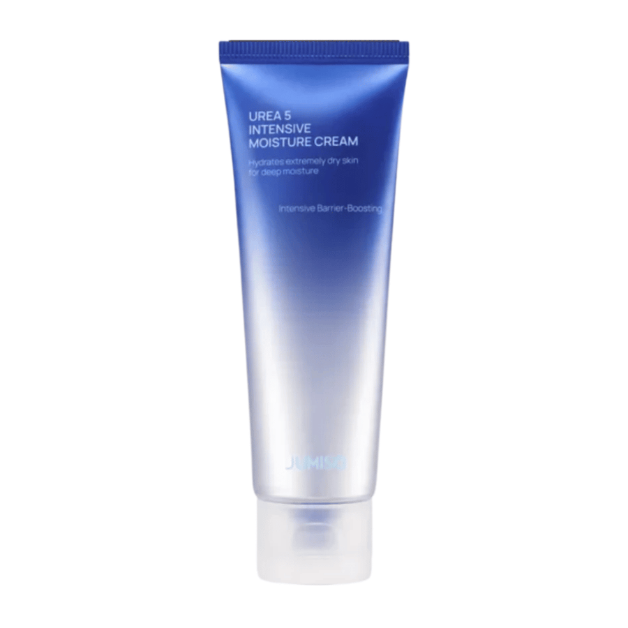Vrijstaande productafbeelding van Jumiso Urea 5 Intensive Moisture Cream tegen een witte achtergrond. De blauwe tube met minimalistisch design benadrukt de focus van het product op intensieve hydratatie en huidbarrièreversterkende verzorging voor zeer droge huid.