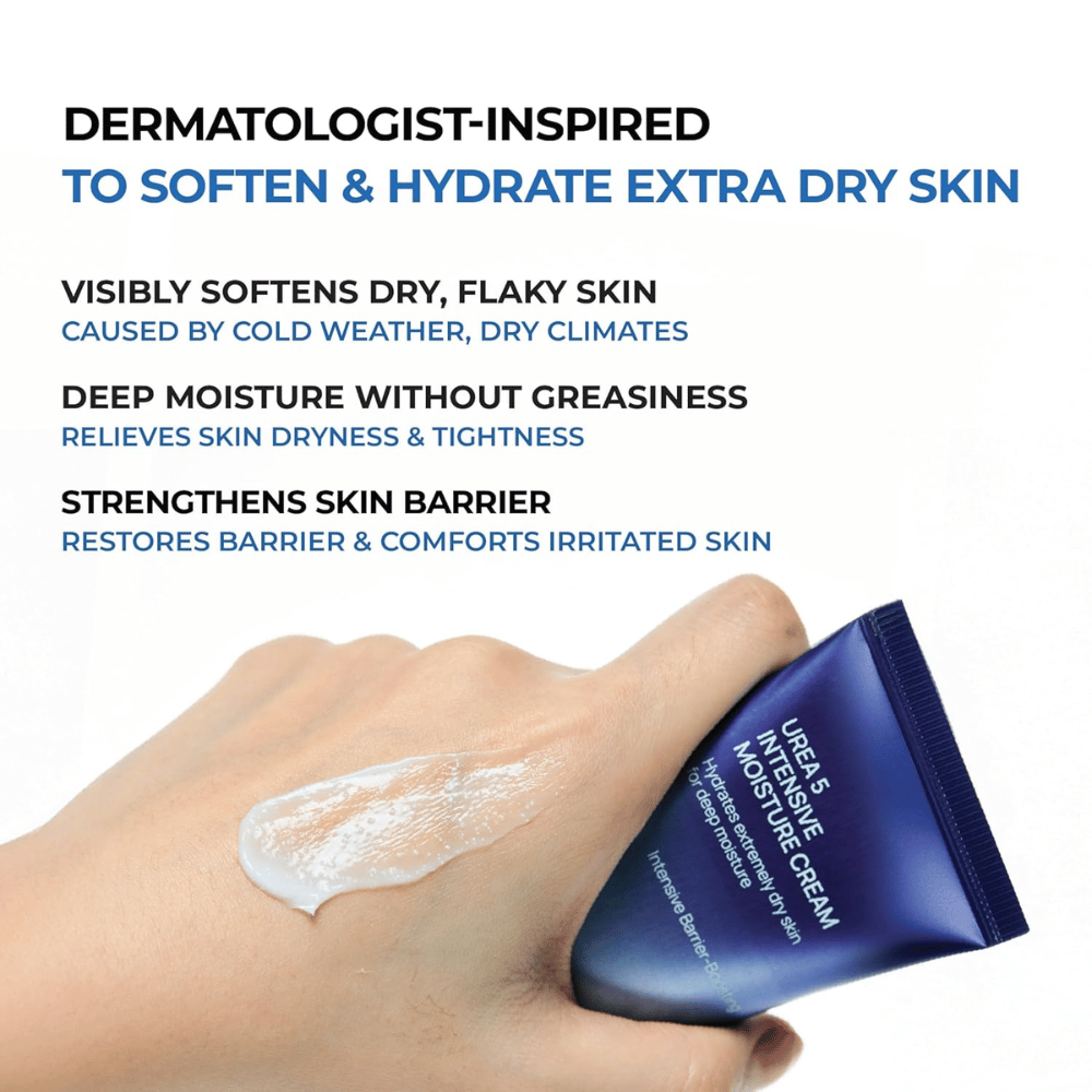Informatieve afbeelding die de belangrijkste voordelen van Jumiso Urea 5 Intensive Moisture Cream benadrukt. De crème wordt omschreven als dermatologisch geïnspireerd voor zeer droge huid en helpt schilferige huid te verzachten, diepe hydratatie te bieden zonder vet aan te voelen en de huidbarrière te versterken. Een hand toont de romige textuur van het product op de huid.