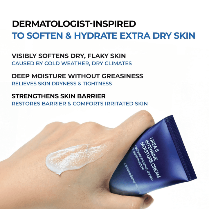 Informatieve afbeelding die de belangrijkste voordelen van Jumiso Urea 5 Intensive Moisture Cream benadrukt. De crème wordt omschreven als dermatologisch geïnspireerd voor zeer droge huid en helpt schilferige huid te verzachten, diepe hydratatie te bieden zonder vet aan te voelen en de huidbarrière te versterken. Een hand toont de romige textuur van het product op de huid.