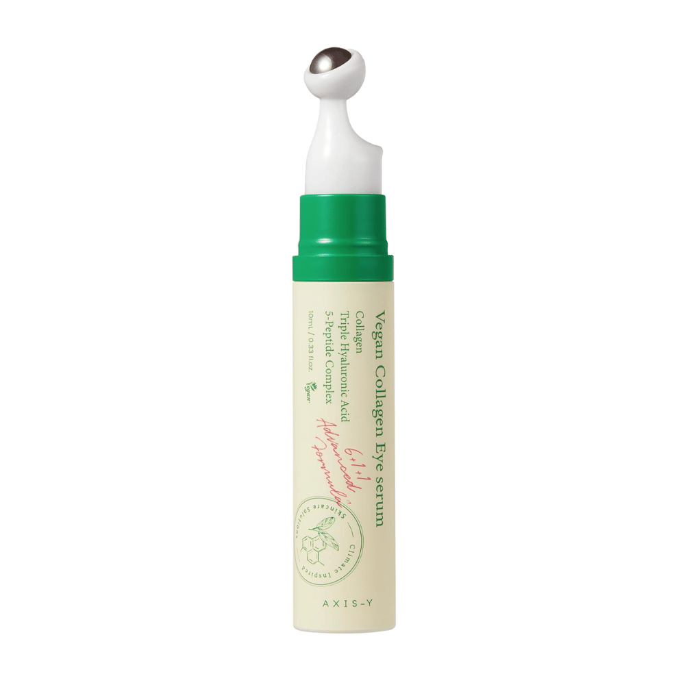 AXIS-Y Vegan Collagen Eye Serum 10ml met een groene applicator, ontworpen om rimpels te verminderen en de gevoelige huid rondom de ogen te hydrateren. Het product bevat vegan collageen, hyaluronzuur en een 5-peptidecomplex voor intensieve verzorging en voeding.