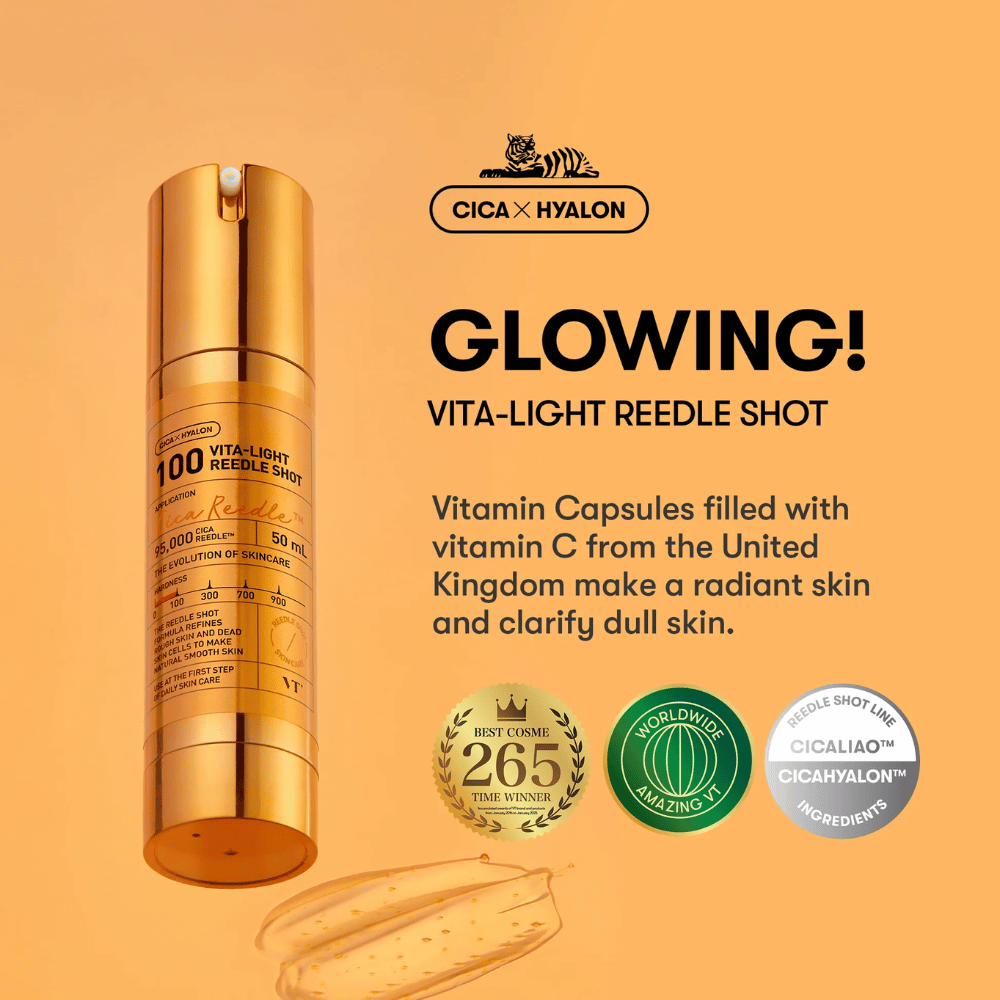 Gouden fles VT Cica Hyalon Vita-Light Reedle Shot 100hL, 50 ml, met pomp en vitamine C-capsules op de achtergrond, evenals tekst over de voordelen van de glans en helderheid van het product.