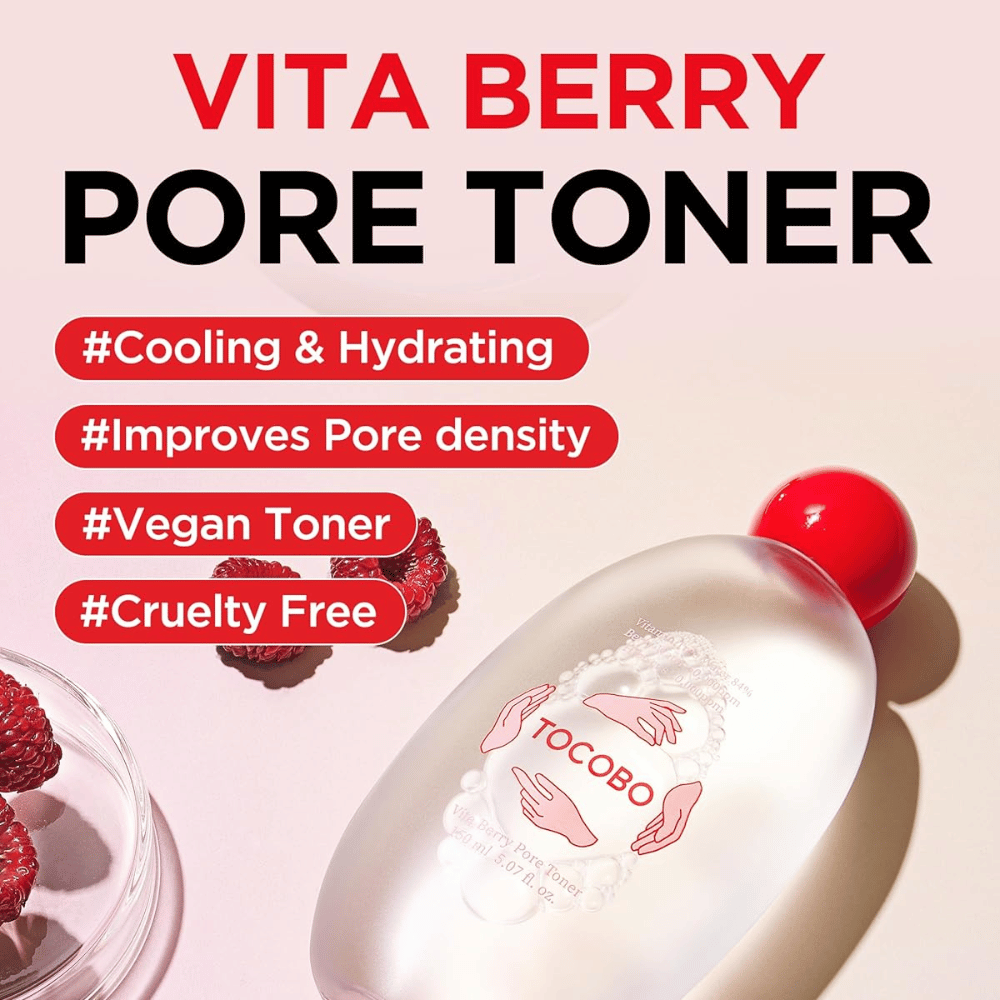 Productafbeelding met tekst die de eigenschappen van de toner benadrukt, zoals hydratatie, een verkoelend gevoel, verbeterde porieverzorging en dat het product veganistisch is en cruelty-free.