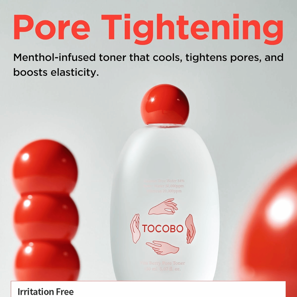 Campagnebeeld voor TOCOBO Vita Berry Pore Toner dat het verkoelende effect van de toner, porieverfijnende eigenschappen en verbeterde huidelasticiteit beschrijft met een met menthol verrijkte formule.