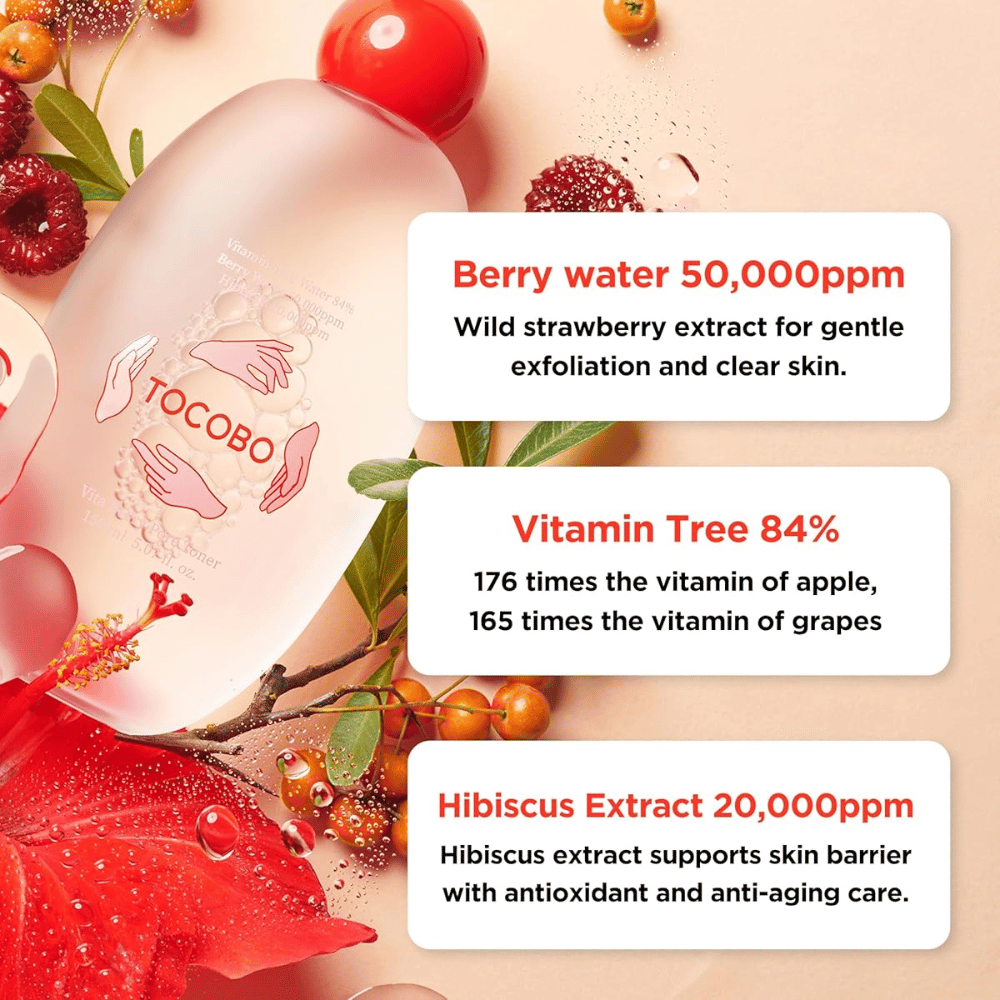 Ingrediëntenafbeelding die de belangrijkste ingrediënten in de toner benadrukt, waaronder berry water, vitamin tree en hibiscusextract, met focus op exfoliatie, antioxidatieve verzorging en een versterkte huidbarrière.
