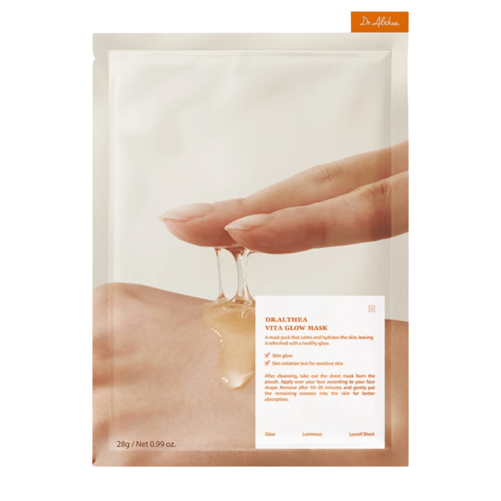 Verpakking van Dr. Althea Vita Glow Mask die de essentie van het masker toont. Hydraterende Sheet mask voor glans en een egale huidtint, zacht zelfs voor de gevoelige huid.
