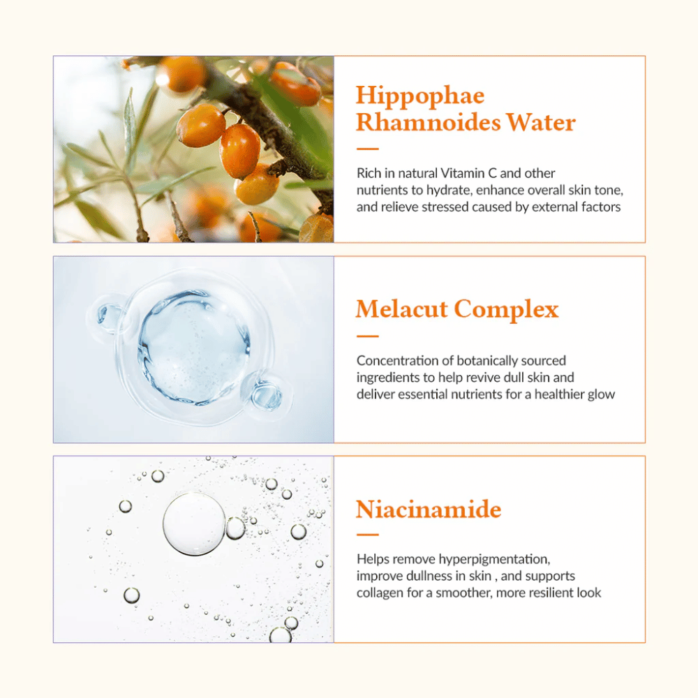 Close-up van sleutelingrediënten in Dr. Althea Vita Glow Mask: duindoornwater, Melacut Complex en niacinamide. Geeft glans, hydrateert en egaliseert de huidtint.