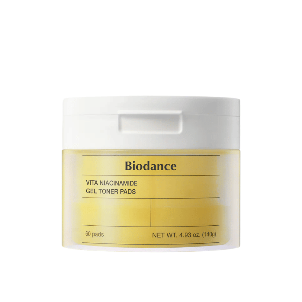 Biodance Vita Niacinamide Gel Toner Pads – verpakking met 60 pads in een gele pot met witte deksel, ontworpen voor het egaliseren van huidtint en glans.