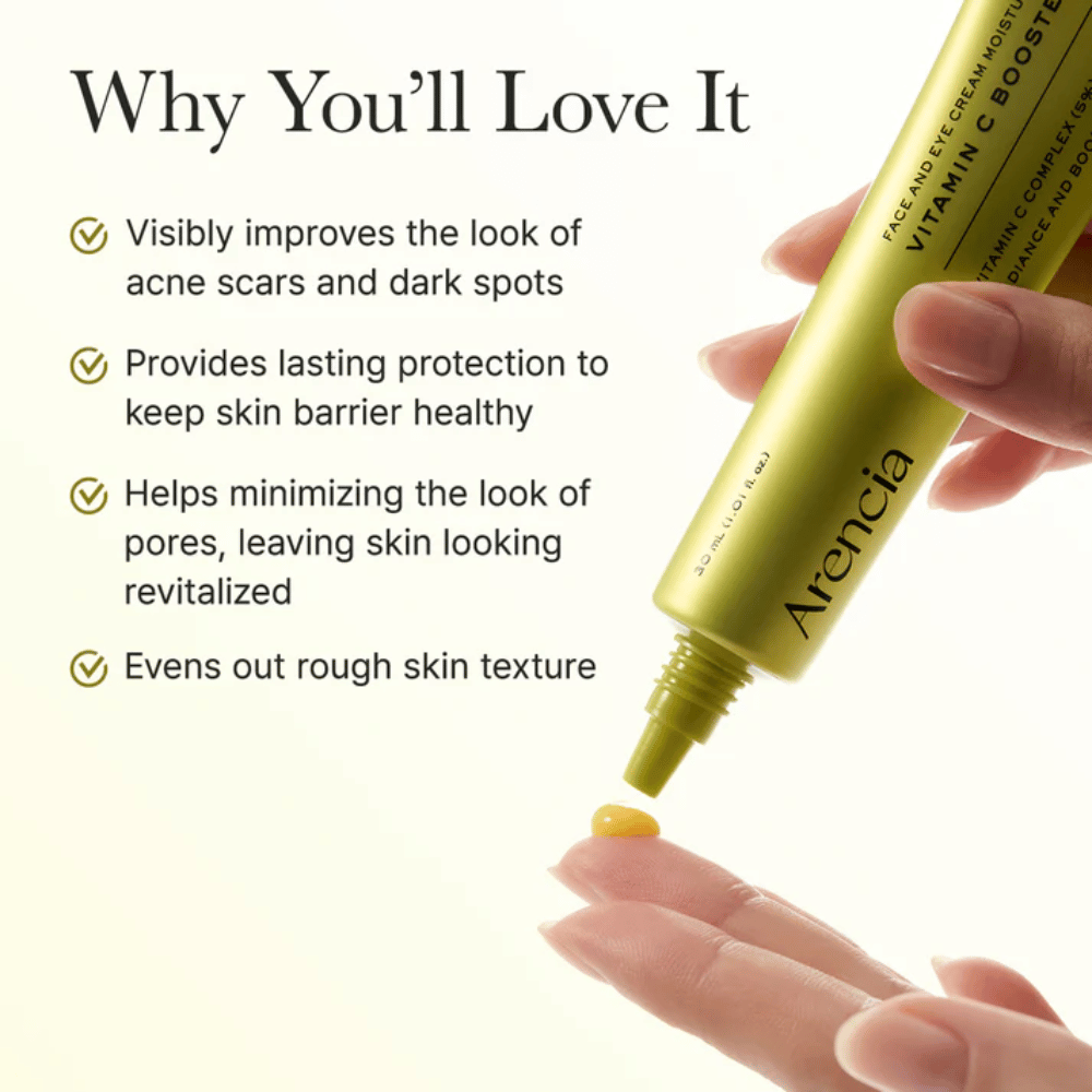 Arencia Vitamin C Booster Shot voordelen - vitamine C-serum dat acnelittekens en donkere vlekken verbetert, de huidbarrière versterkt, poriën minimaliseert en de huidtextuur egaliseert
