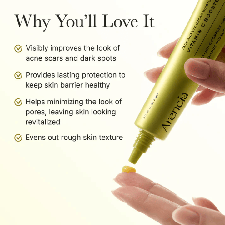 Arencia Vitamin C Booster Shot voordelen - vitamine C-serum dat acnelittekens en donkere vlekken verbetert, de huidbarrière versterkt, poriën minimaliseert en de huidtextuur egaliseert