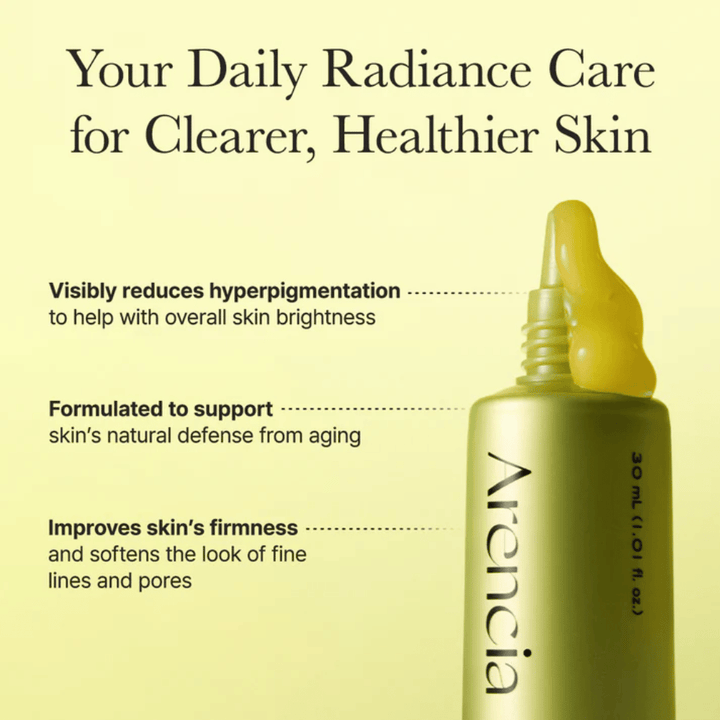 Arencia Vitamin C Booster Shot effectbeeld - vitamine C-serum dat hyperpigmentatie vermindert, de stevigheid van de huid verbetert en fijne lijntjes en poriën verzacht