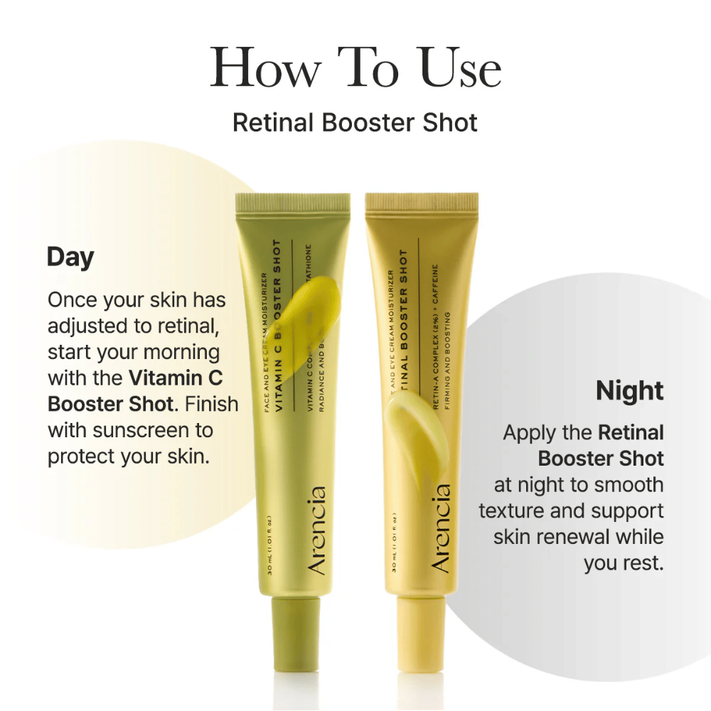 Zo gebruik je Arencia Vitamin C Booster Shot - vitamine C-serum in de ochtendroutine en retinal booster in de avond voor een egalere teint en betere glans