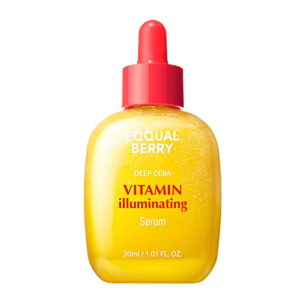 Equal Berry Vitamin Illuminating Serum in een geel glinsterende fles met rode pipet. Geeft glans en voeding voor een stralende huid.