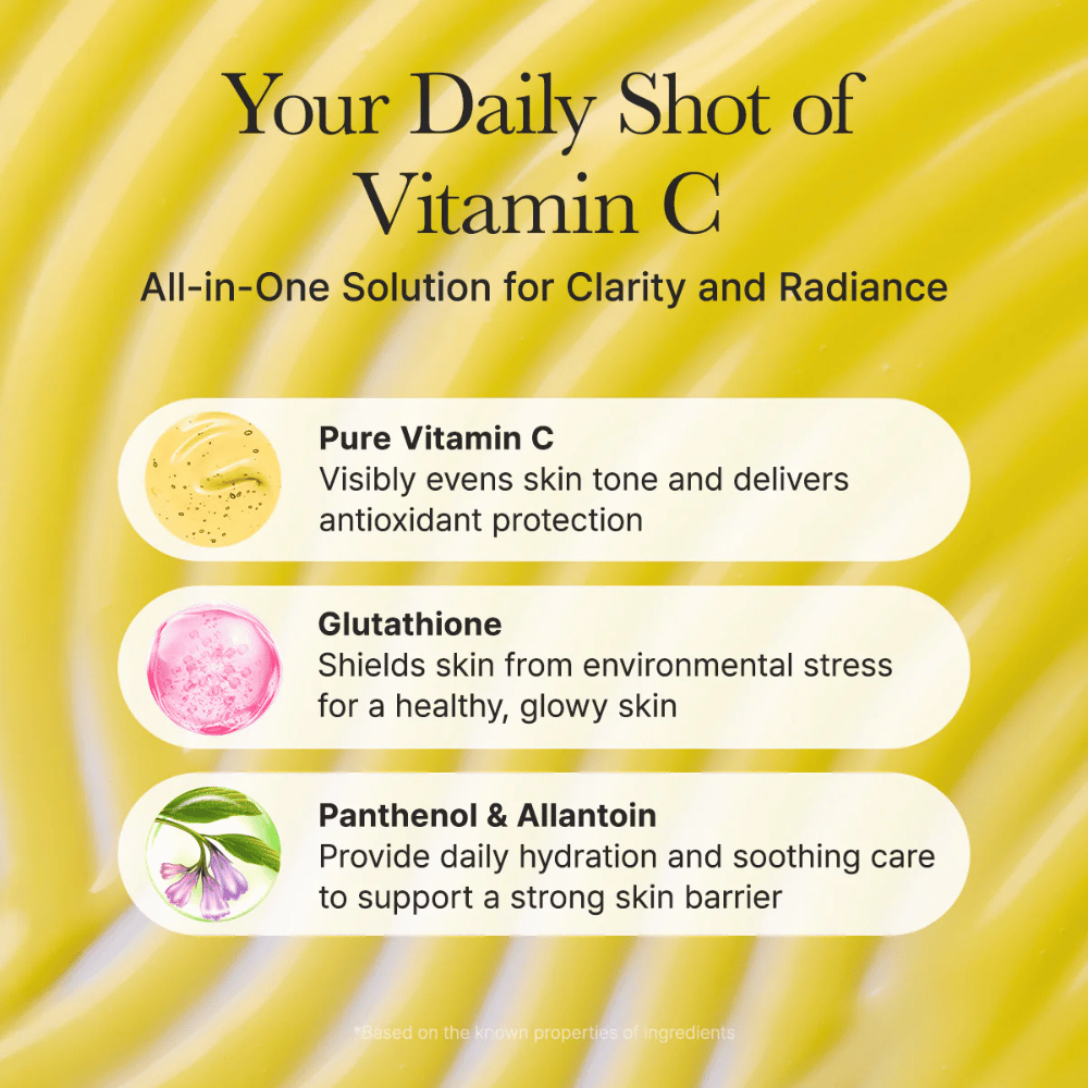 Arencia Vitamin C Booster Shot ingrediëntenoverzicht - vitamine C die de teint egaliseert, glutathion met antioxidatieve werking evenals panthenol en allantoïne die de huid hydrateren en kalmeren