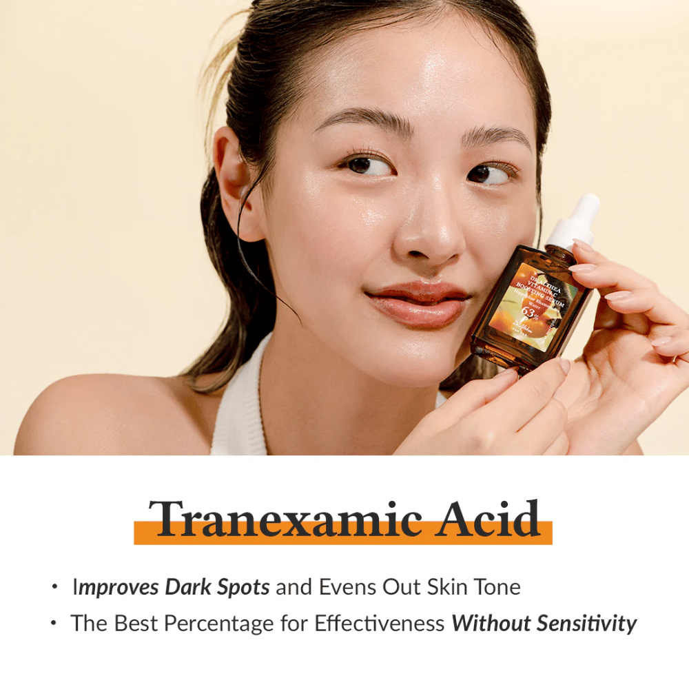 Deze afbeelding toont een product met tranexaminezuur, bekend om het verbeteren van donkere vlekken en het egaliseren van de huidtint. Het product biedt een effectieve concentratie die zacht is en het risico op huidirritatie minimaliseert.