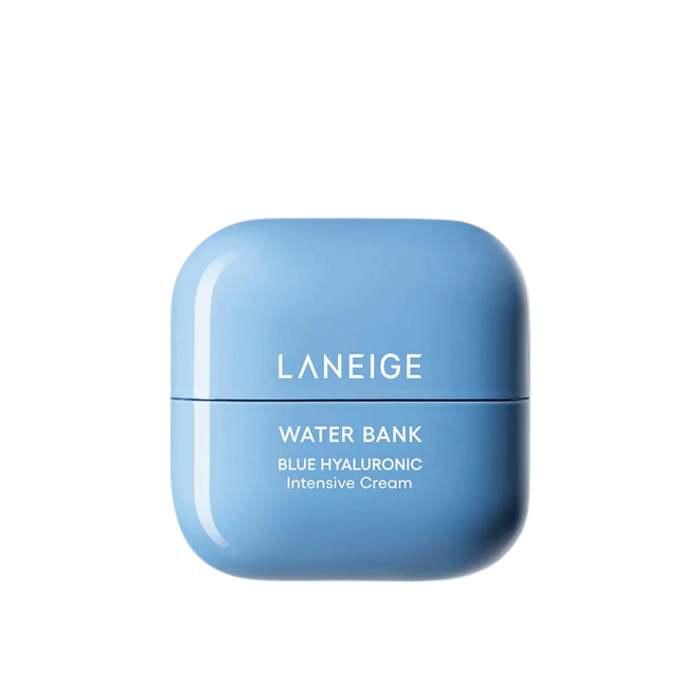 LANEIGE Water Bank Blue Hyaluronic Intensive Cream in een blauwe afgeronde pot, vrijstaand tegen een witte achtergrond.