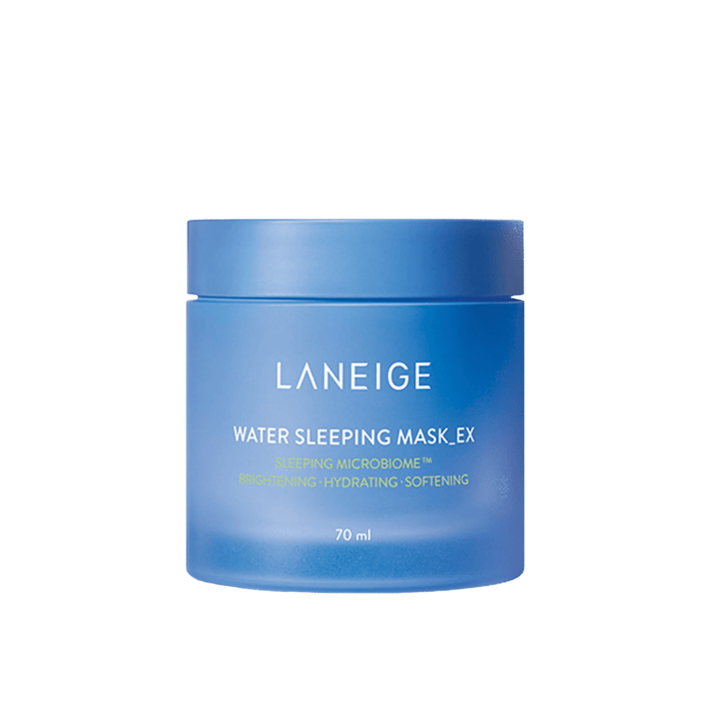 LANEIGE Water Sleeping Mask_EX in een blauwe pot met witte en groene tekst, vrijstaand tegen een witte achtergrond.