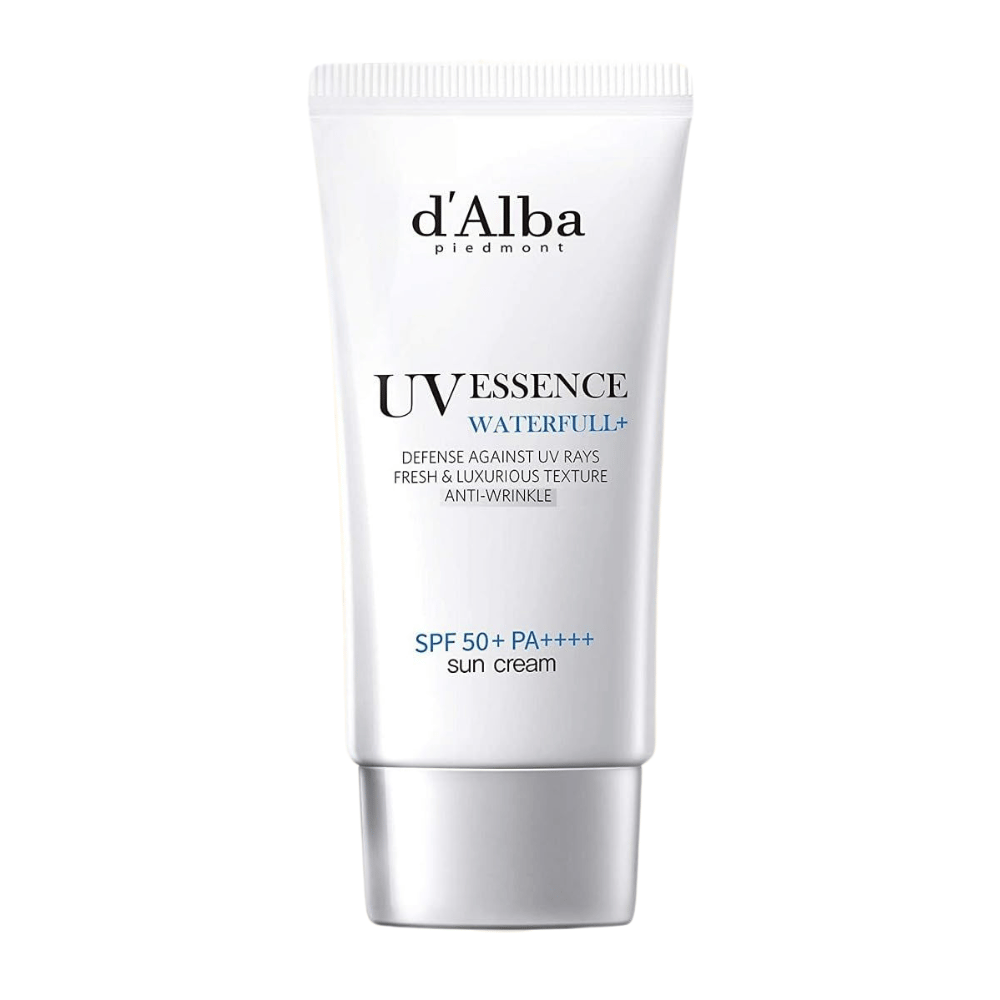 Productafbeelding van d'Alba UV Essence Waterfull+ Sun Cream met SPF 50+ PA++++ in een witte en zilverkleurige tube, gefotografeerd tegen een witte achtergrond.